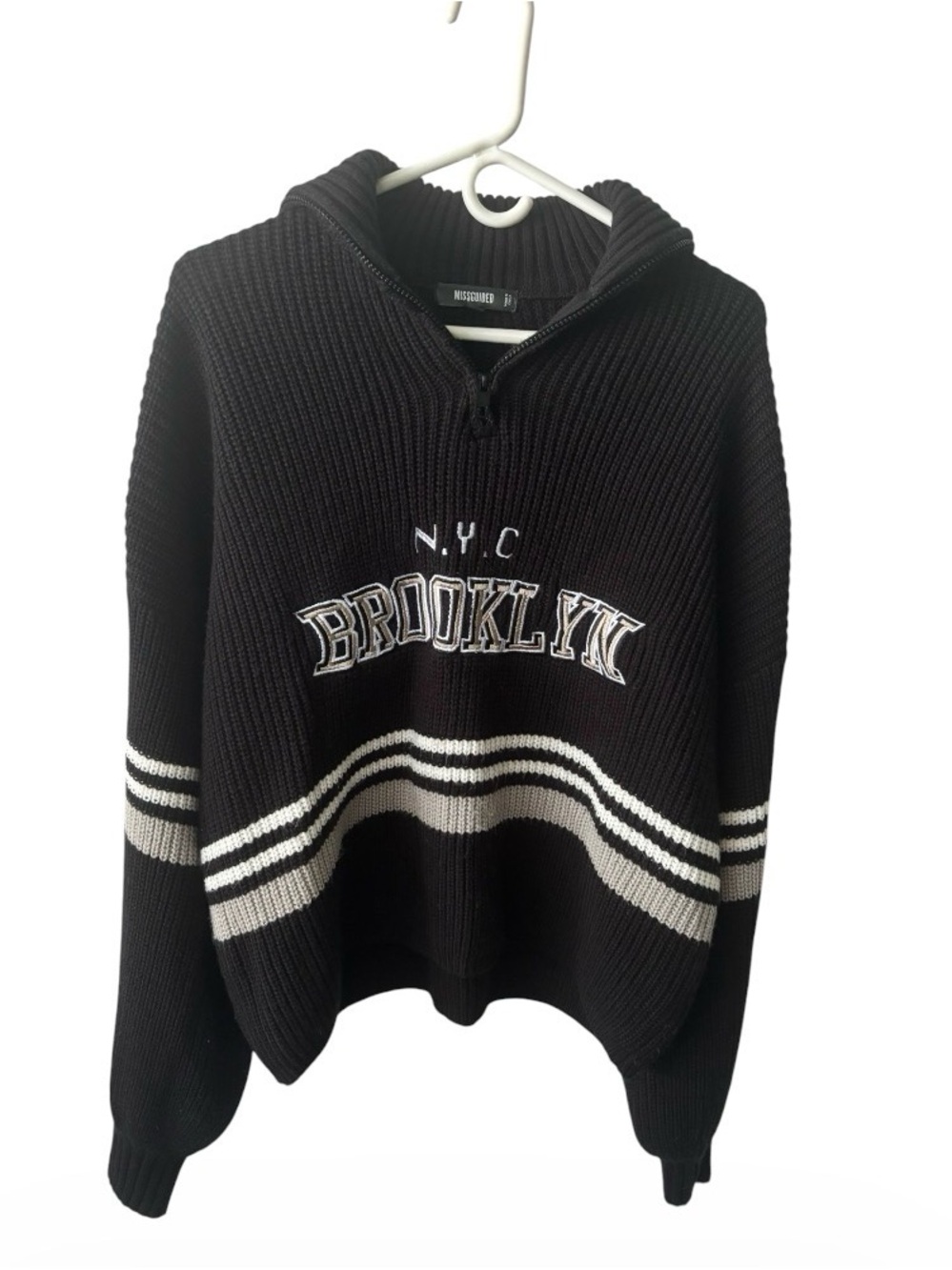 Missguided + Black Cowl Neck Brooklyn Knit Sweater with White & Grey Stripes